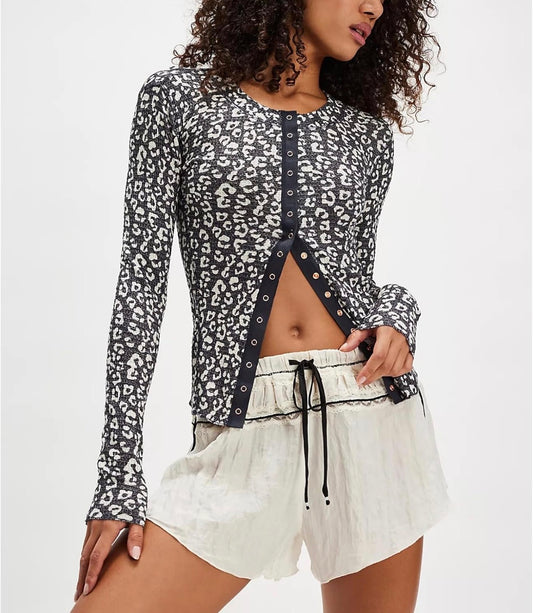 Black Flower Button Down Long Sleeve Blouse