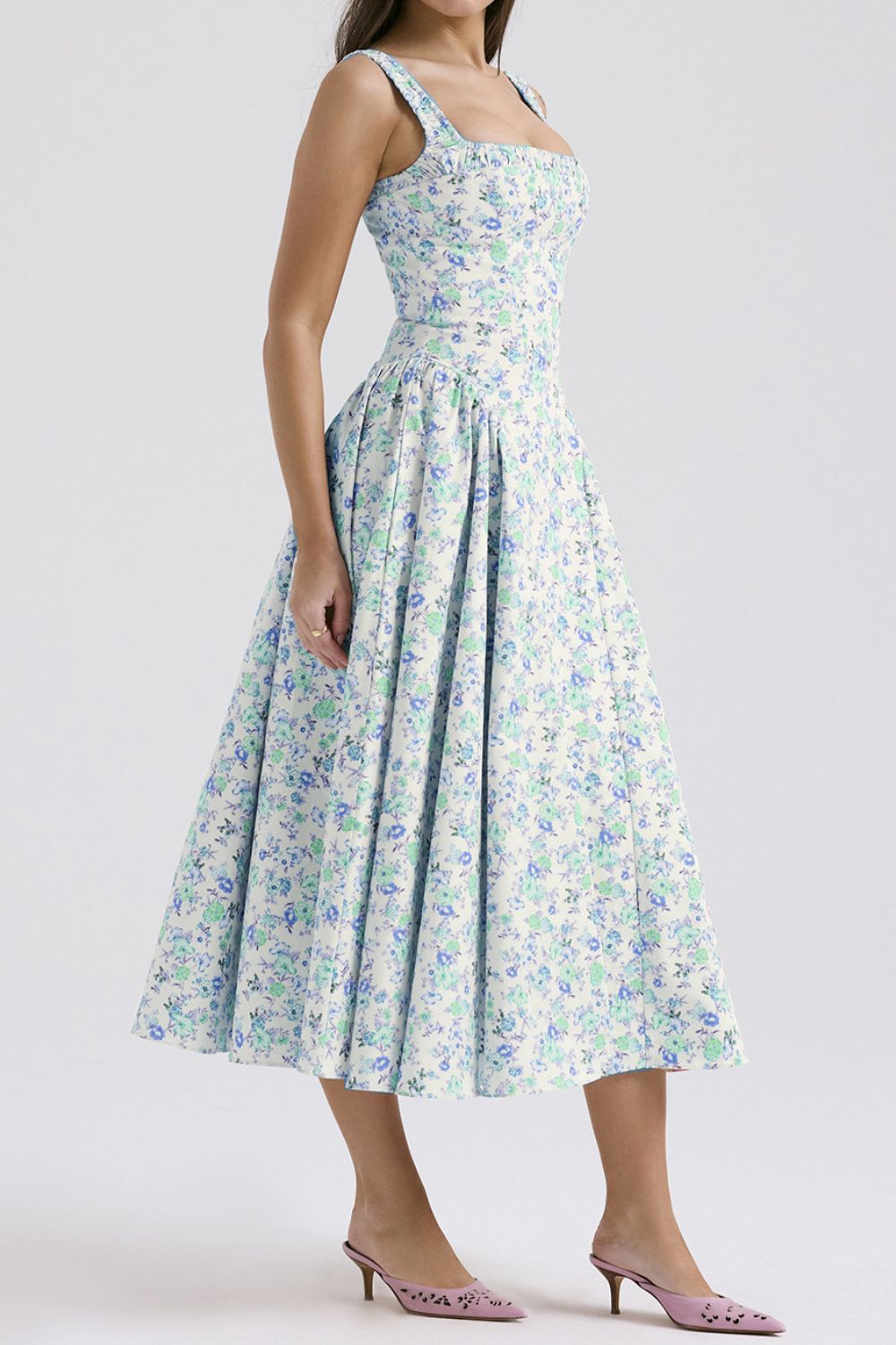 Floral Square Neck Wide Strap Midi Dress