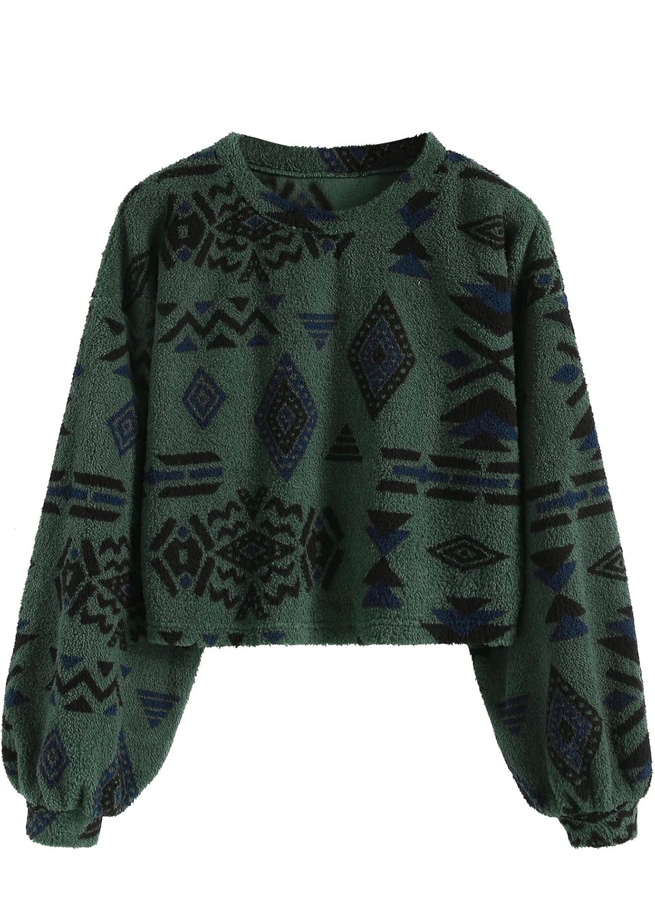 Green Long Sleeve Boho Cropped Sweater