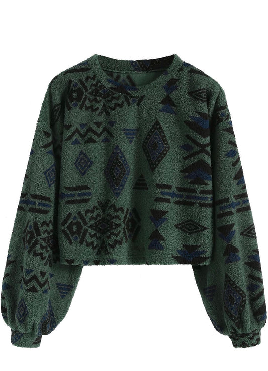 Green Long Sleeve Boho Cropped Sweater